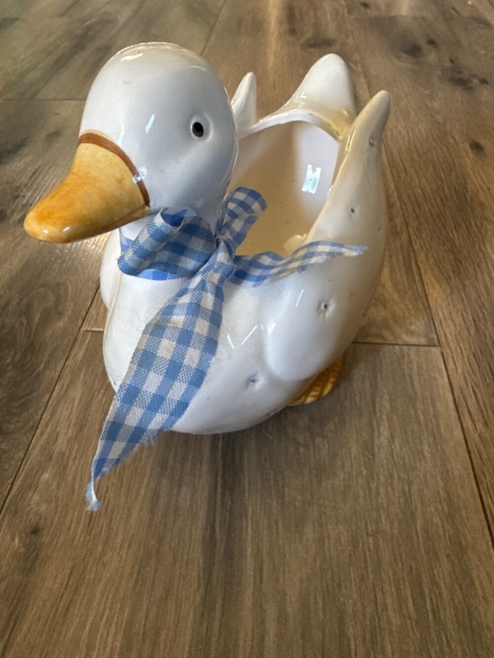 Vintage Ceramic Duck Planter With Gingham Bow Farmhouse Cottagecore Style 8.5" L